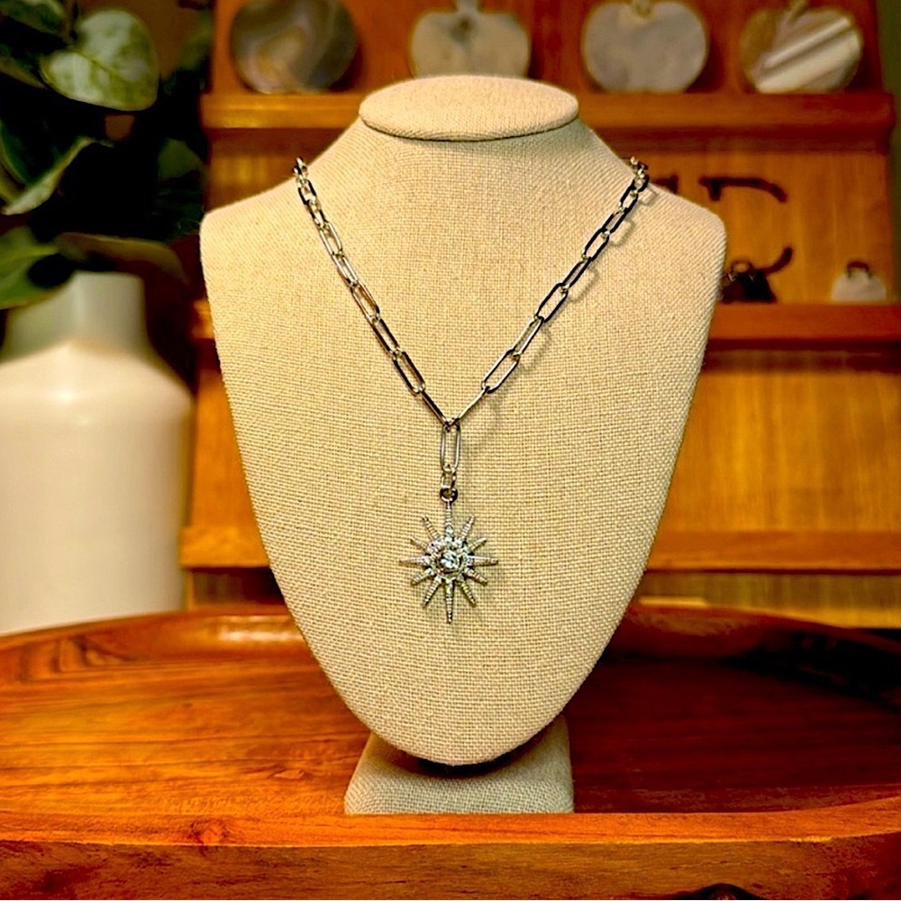 Silver Starburst Pendant Sparkly Necklace Paperclip Chain New